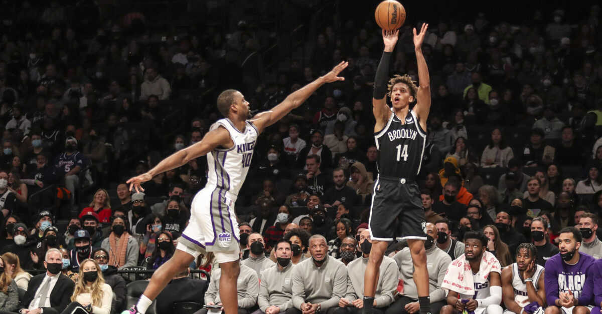 Brooklyn Nets forward Kessler Edwards (14) is shown at the foul